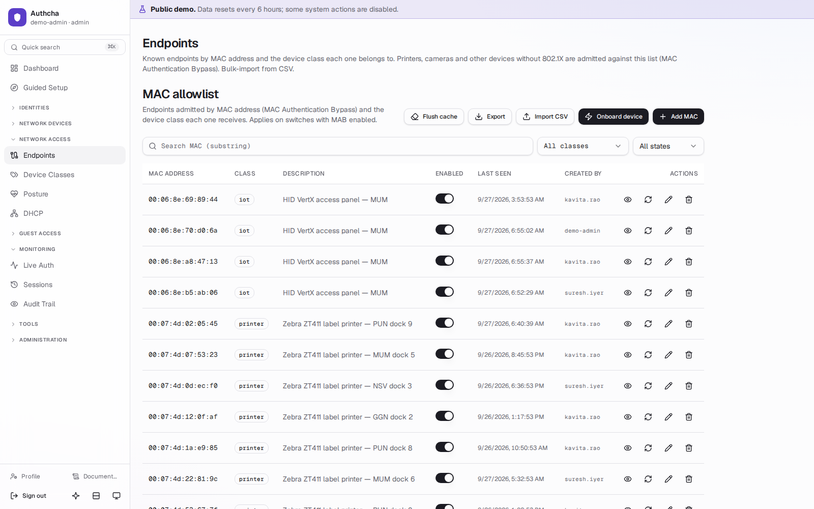 Access Control page listing MAC addresses with device class, VLAN and last-seen time