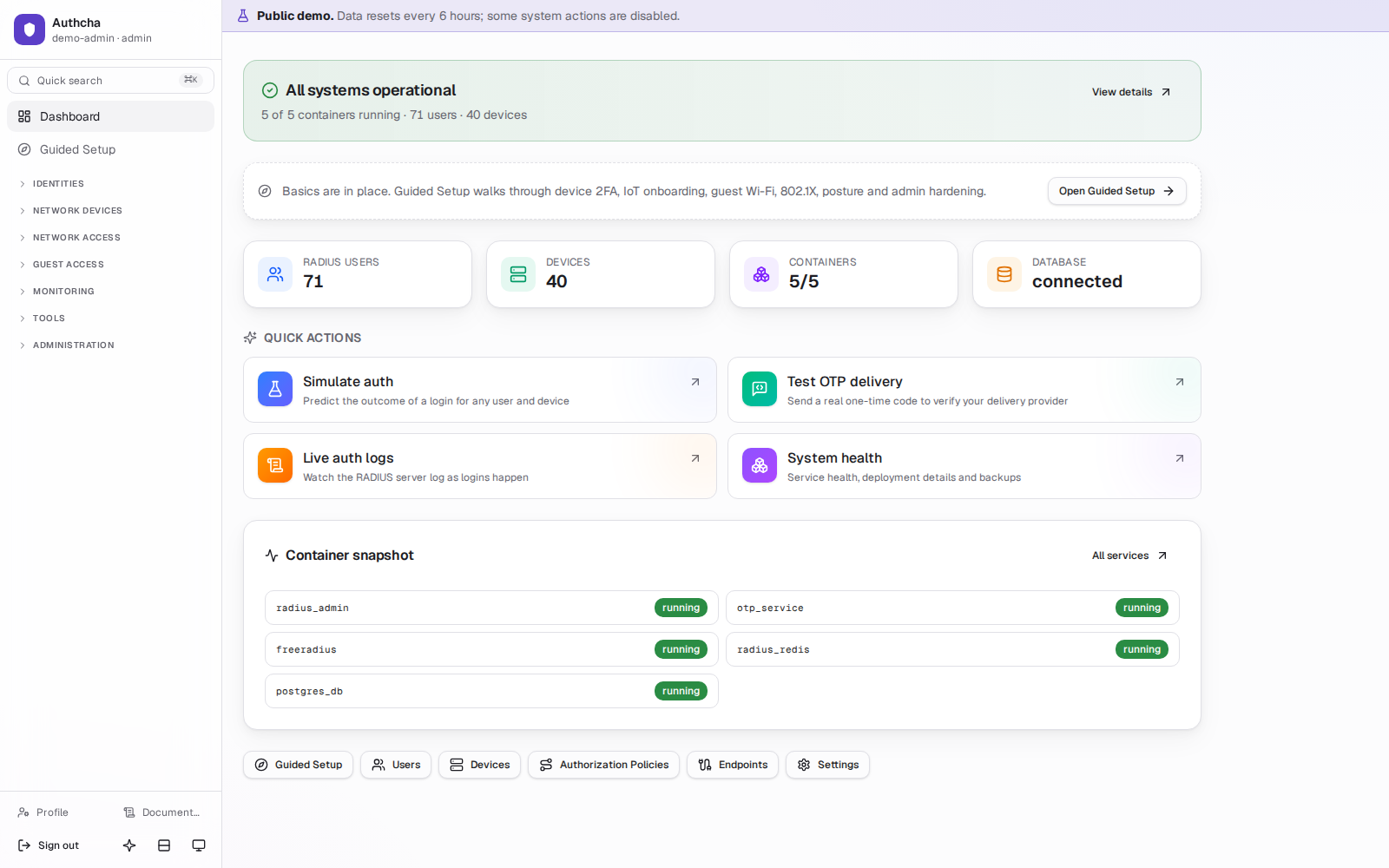 Authcha dashboard showing authentication volume, accept and reject counts and latency percentiles