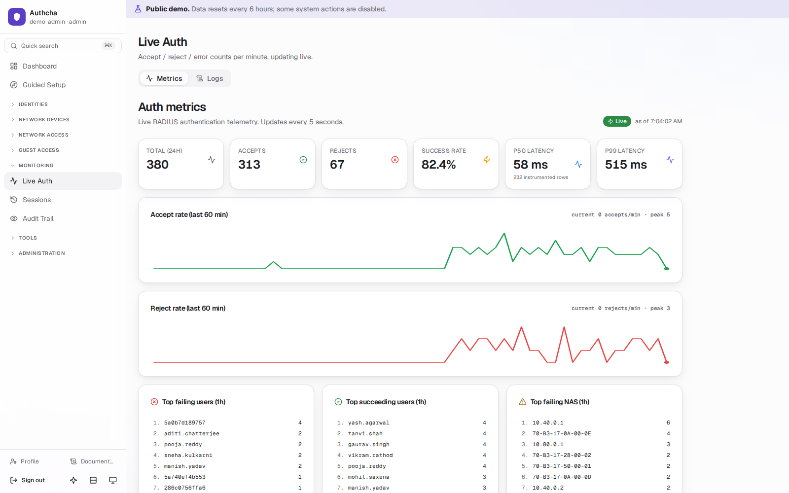 Live Auth page streaming RADIUS requests with user, device, flow and result