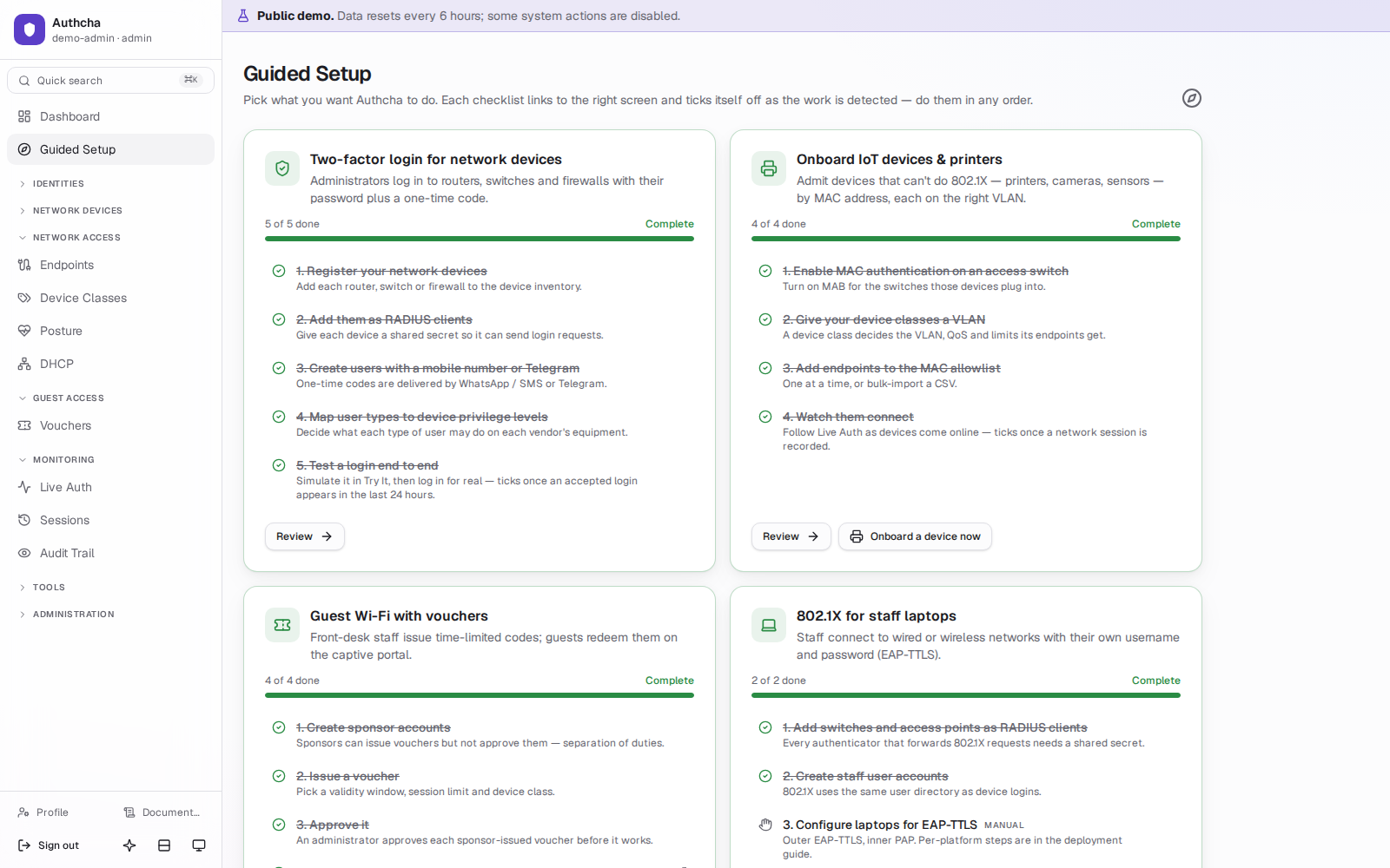 Guided setup page walking through first-run configuration steps