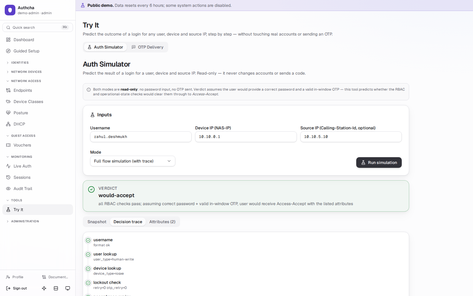 Try It simulator form with user, NAS and password fields and the resulting RADIUS reply