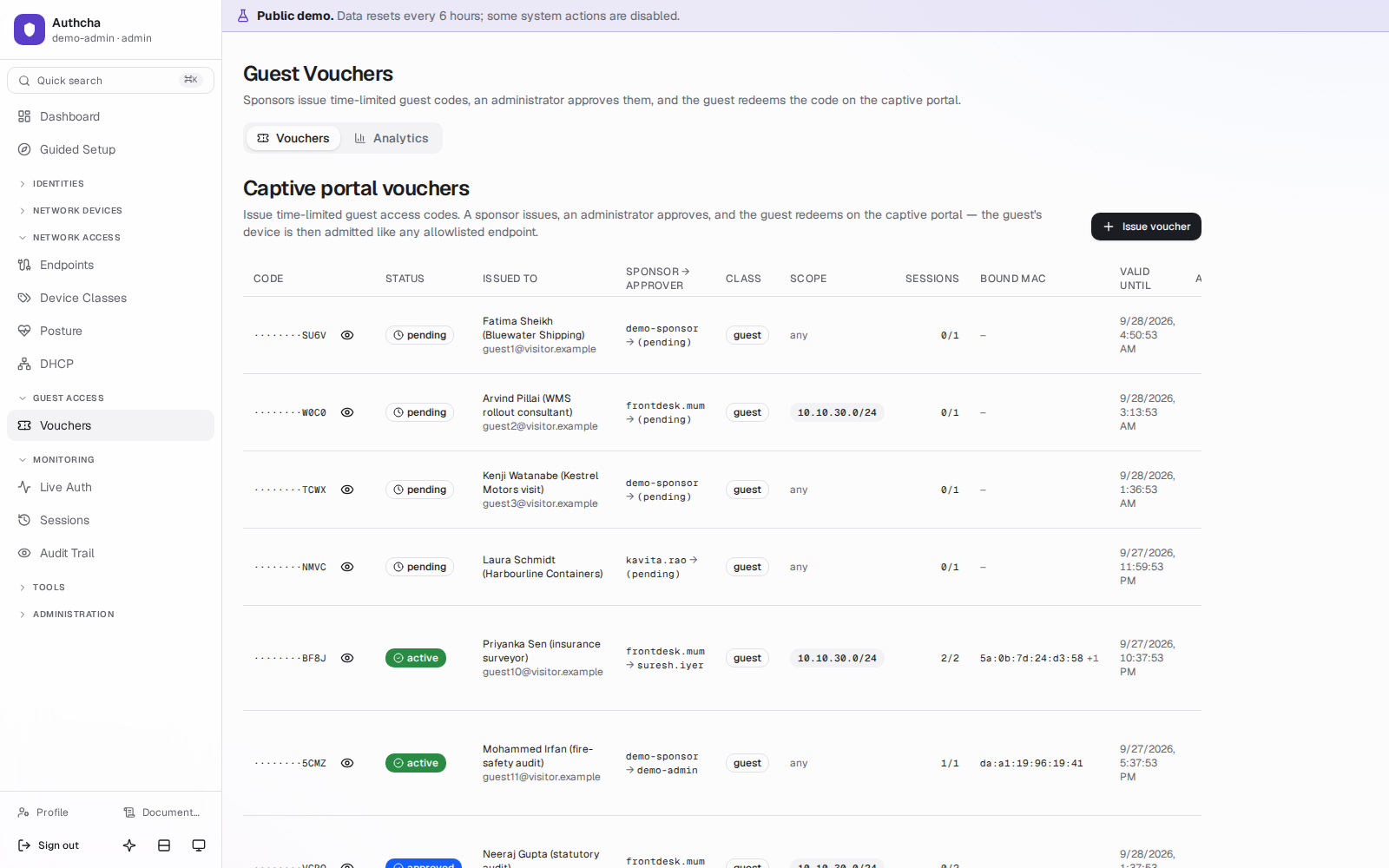 Vouchers page listing guest vouchers with status, sponsor and approver